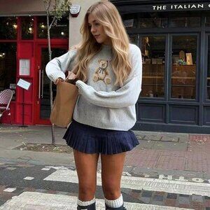 Gray Casual Women's Cute Cartoon Bear Round Neck Long Sleeve Knitted Sweater